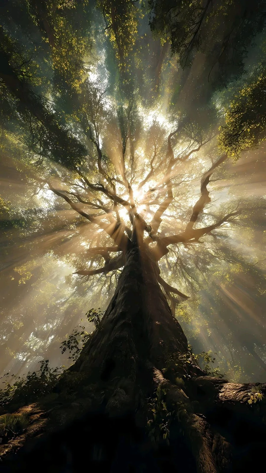 Interconnected branches of a sunlit forest canopy