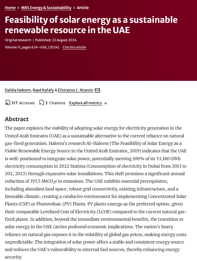 Energy Sustainability: archived source for Feasibility of solar energy as a sustainable renewable resource in the UAE