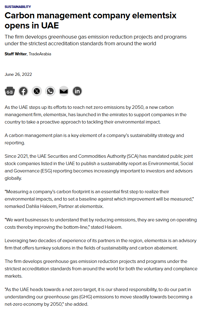 Zawya 1: archived source for Carbon management company elementsix opens in UAE