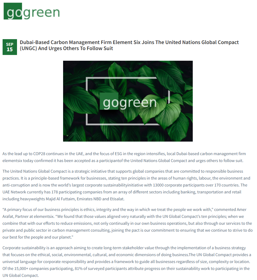 go Green Sep 2022: archived source for Dubai-Based Carbon Management Firm Element Six Joins The United Nations Global Compact (UNGC) And Urges Others To Follow Suit