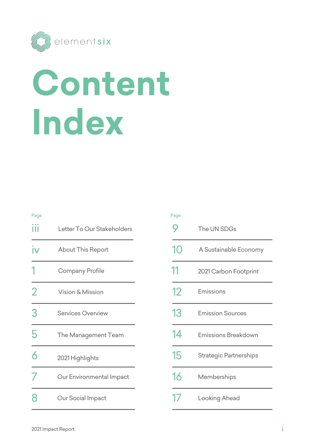 elementsix 2021 Impact Report — page 2 of 23. Open the PDF for selectable text.