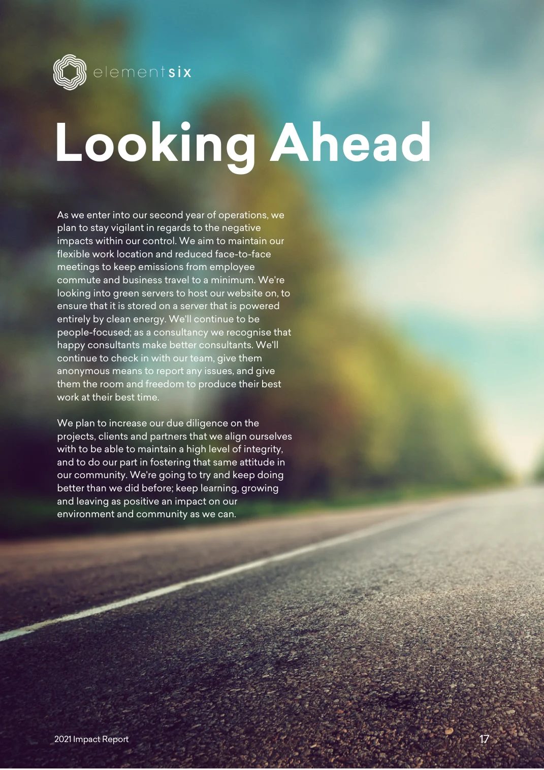 elementsix 2021 Impact Report — page 22 of 23. Open the PDF for selectable text.